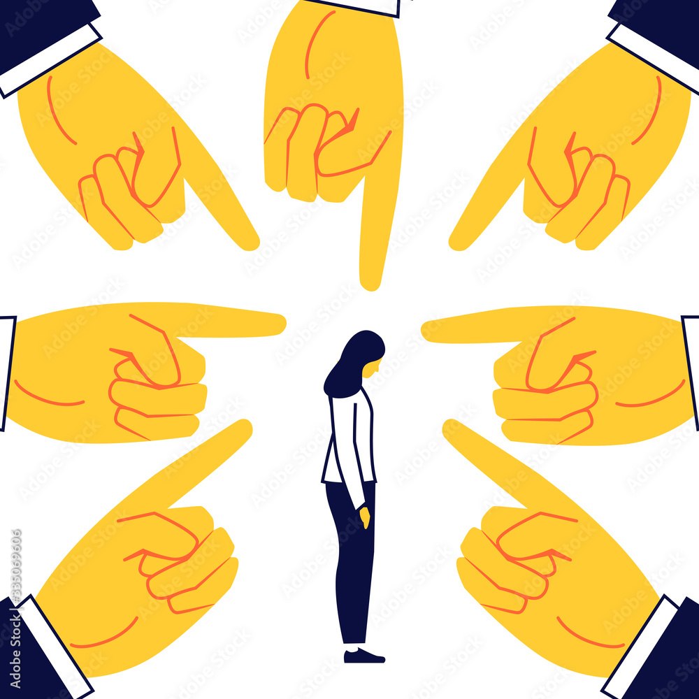 Muchos dedos acusando a una mujer. Concepto de acoso laboral, bullying
