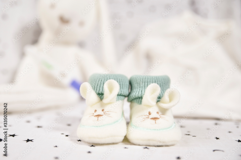 white and green bunny baby booties. concept baby on the way. white and green bunny baby booties. concept baby on the way.
