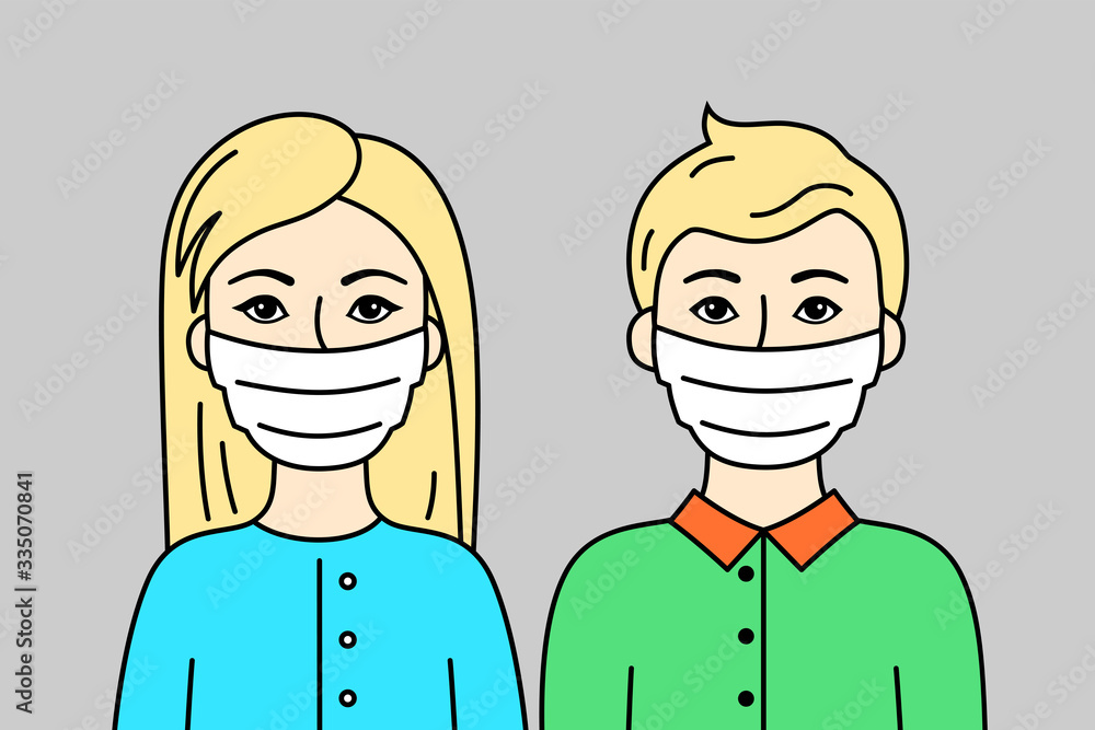 Couple Of People Wearing Face Masks. Two Young Adults, European Family, Blonde Man And Woman. Protective Respirators To Prevent Disease, Flu, Air Pollution. Sars-Covid-19 Pandemic. Vector Flat Design Couple Of People Wearing Face Masks. Two Young Adults, European Family, Blonde Man And Woman. Protective Respirators To Prevent Disease, Flu, Air Pollution. Sars-Covid-19 Pandemic. Vector Flat Design