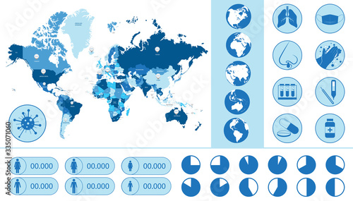 Pandemic world map, icons and graphs for statistics and infographic