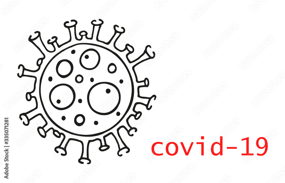 covid-19 Single hand drawn coronavirus molecule concept. In doodle style, black outline isolated on white background. Element for card, poster, social media banner, sticker, logo. Vector illustration covid-19 Single hand drawn coronavirus molecule concept. In doodle style, black outline isolated on white background. Element for card, poster, social media banner, sticker, logo. Vector illustration