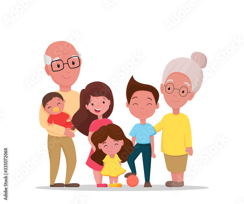 Grandparents and grandchildren. Happy grandfather and grandmother with their grandson and granddaughters stay at home isolated on white background. Vector flat illustration