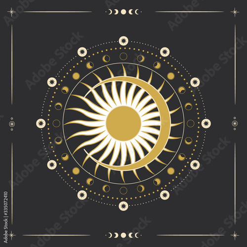 Vector illustration set of moon phases. Different stages of moonlight activity in vintage engraving style. Zodiac Signs