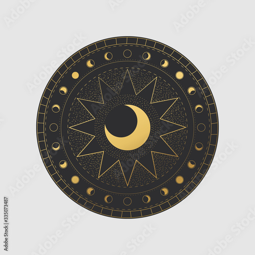 Vector illustration set of moon phases. Different stages of moonlight activity in vintage engraving style. Zodiac Signs