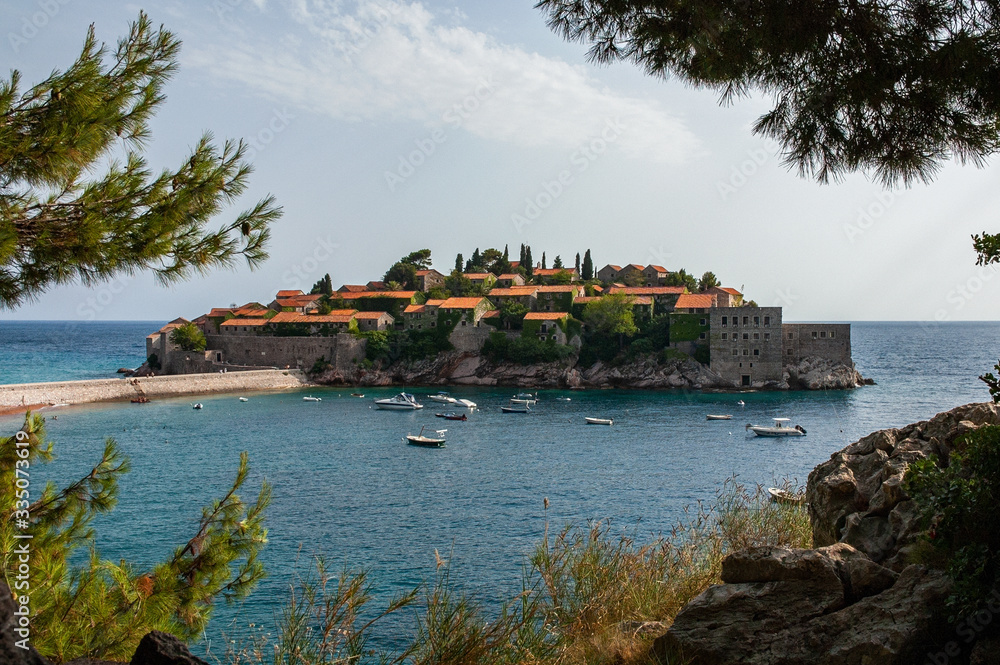 View to Sveti Stefan Island Town and Adriatic Sea, Montenegro