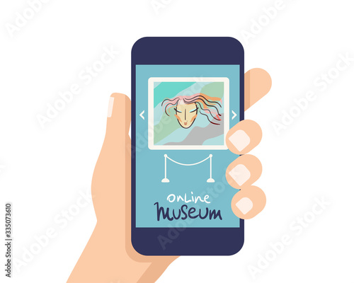 Interactive museum exhibition. smatphone. Virtual Museum and Art GalleryTours in Smartphone. Online Tours. Vector flat concept.