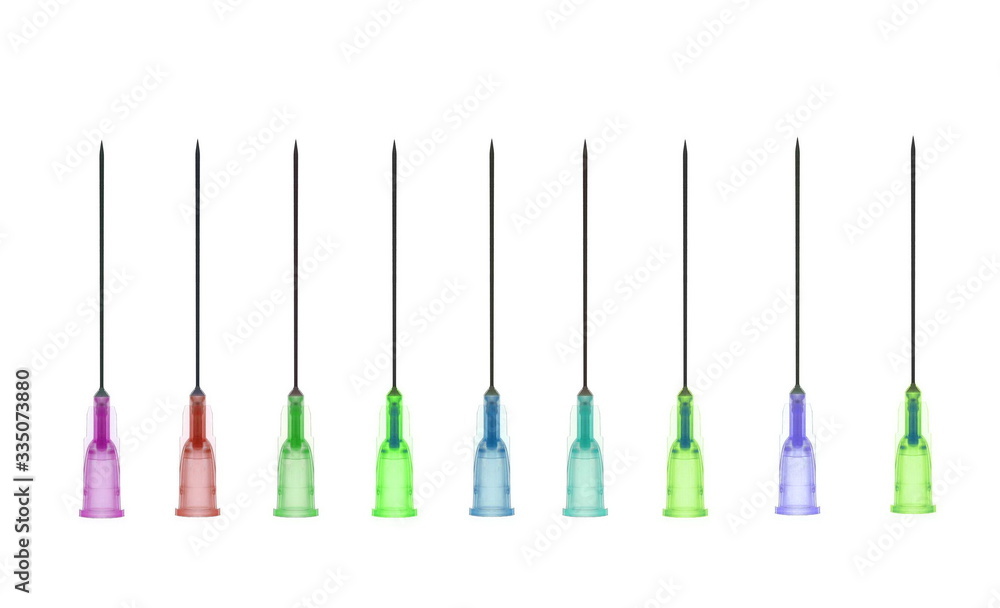 Set colorful medical needle on white background, clipping path Set colorful medical needle on white background, clipping path