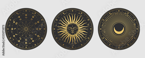 Vector illustration set of moon phases. Different stages of moonlight activity in vintage engraving style. Zodiac Signs