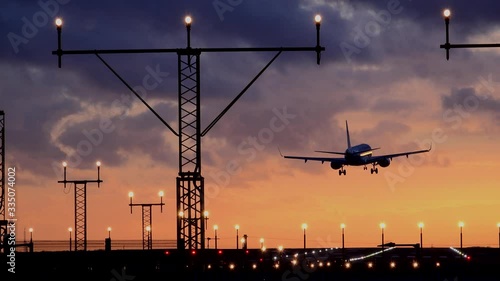 Passenger plane landing in the evening light Manchester airport UK 4K photo