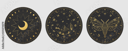 Vector illustration set of moon phases. Different stages of moonlight activity in vintage engraving style. Zodiac Signs