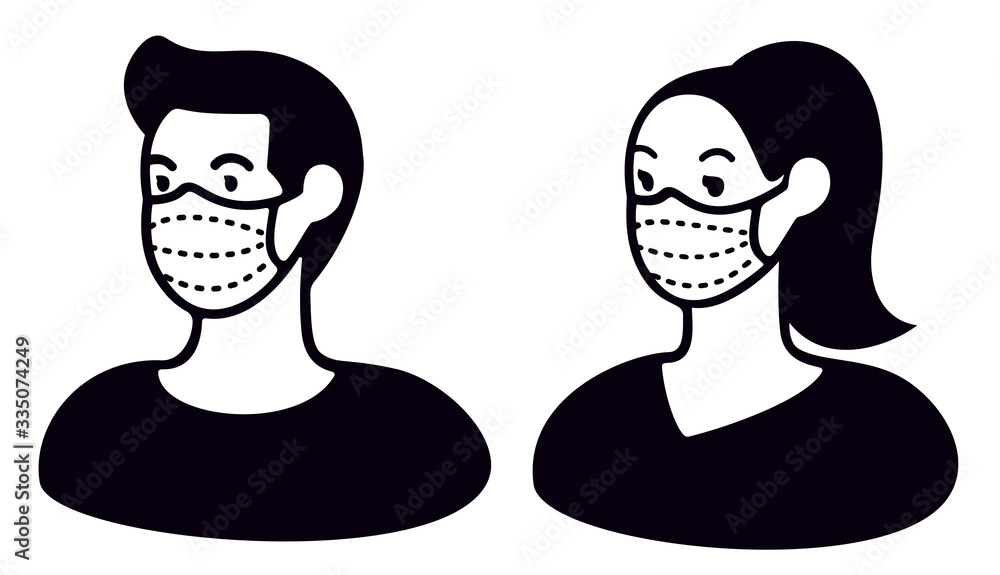 custom made wallpaper toronto digitalMan and woman wearing medical face mask to protect themselves from catching a virus, black and white vector illustration.