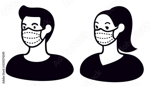 Wallpaper Mural Man and woman wearing medical face mask to protect themselves from catching a virus, black and white vector illustration. Torontodigital.ca