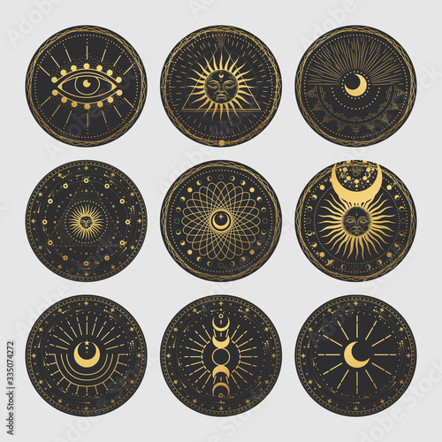 Vector illustration set of moon phases. Different stages of moonlight activity in vintage engraving style. Zodiac Signs
