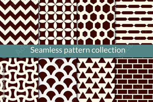 Classic geometric seamless pattern collection. Geo background set. Zig zag lines, hexagons, triangles, brickwall bundle