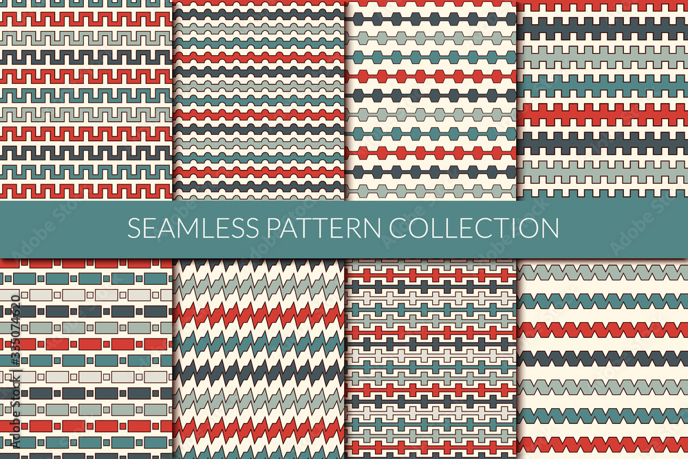 Striped seamless pattern collection. Geometric background set. Horizontal zig zag, battlement, wavy lines print kit