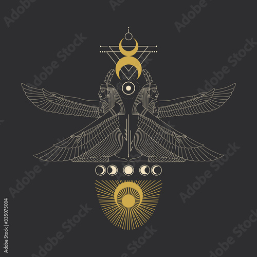image of egyptian god in retro engraving style. tattoo sketch, print on a leaflet, design creation. cosmic elements of the sun and moon. Vector graphics
