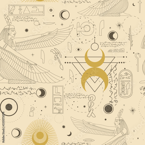 image of egyptian god in retro engraving style. tattoo sketch, print on a leaflet, design creation. cosmic elements of the sun and moon. Vector graphics