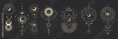 Vector illustration set of moon phases. Different stages of moonlight activity in vintage engraving style. Zodiac Signs