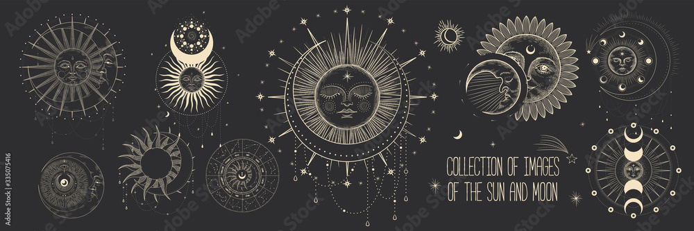 Fototapeta premium Vector illustration set of moon phases. Different stages of moonlight activity in vintage engraving style. Zodiac Signs