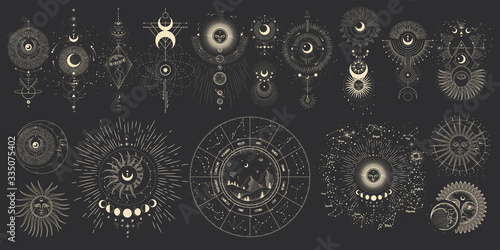 Vector illustration set of moon phases. Different stages of moonlight activity in vintage engraving style. Zodiac Signs