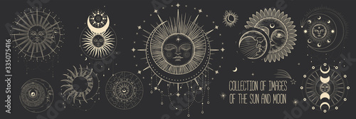 Vector illustration set of moon phases. Different stages of moonlight activity in vintage engraving style. Zodiac Signs
