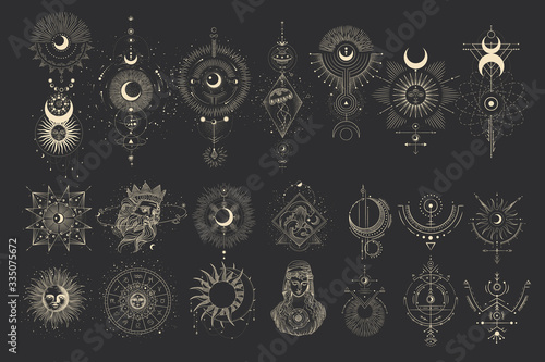 Vector illustration set of moon phases. Different stages of moonlight activity in vintage engraving style. Zodiac Signs