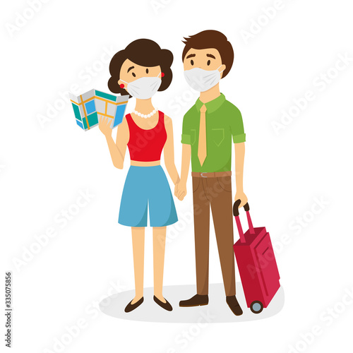 Put on a medical mask. The world is struggling with an outbreak of coronavirus. do not panic and stay home for your safety. take care of yourself. Vector graphics