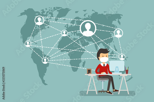 Put on a medical mask. The world is struggling with an outbreak of coronavirus. do not panic and stay home for your safety. take care of yourself. Vector graphics