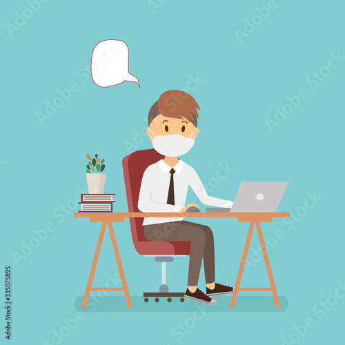 Put on a medical mask. The world is struggling with an outbreak of coronavirus. do not panic and stay home for your safety. take care of yourself. Vector graphics