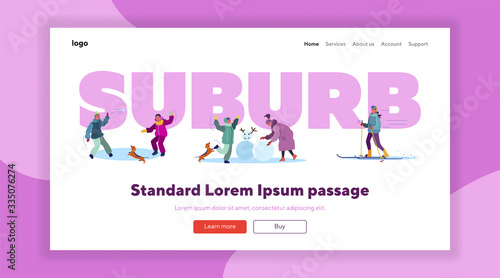 Winter suburb street set. Children snowboarding, skiing, playing snowballs, having fun. Flat vector illustrations. Vacation, outdoor activity concept for banner, website design or landing web page