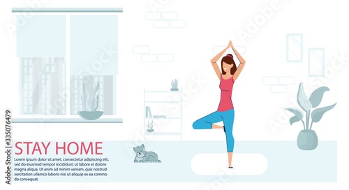 Fototapeta Naklejka Na Ścianę i Meble -  COVID-19 virus outbreak. Sport Exercise at Home. Fitness Workout Yoga Exercise Woman