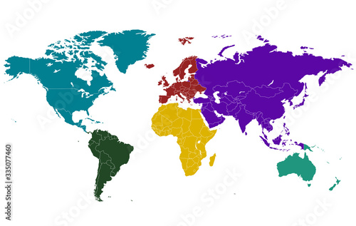 World map divided into six continents. Each continent in different color.