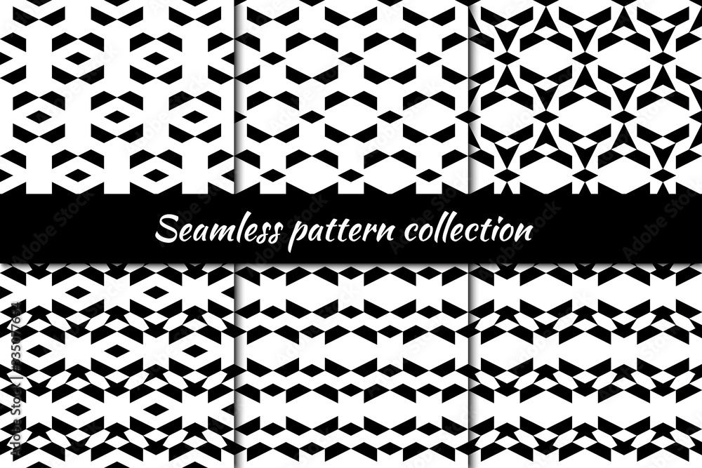 Rhombuses, figures seamless patterns collection. Diamond, shapes ornaments set. Folk backgrounds