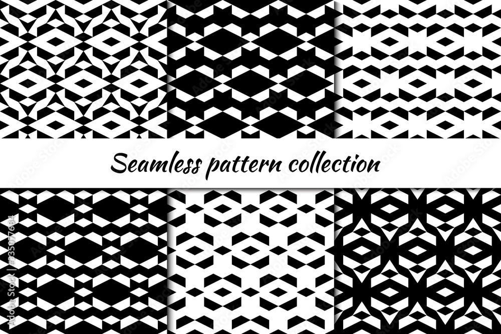 Rhombuses, figures seamless patterns collection. Diamond, shapes ornaments set. Lozenges, forms backdrops kit Rhombuses, figures seamless patterns collection. Diamond, shapes ornaments set. Lozenges, forms backdrops kit