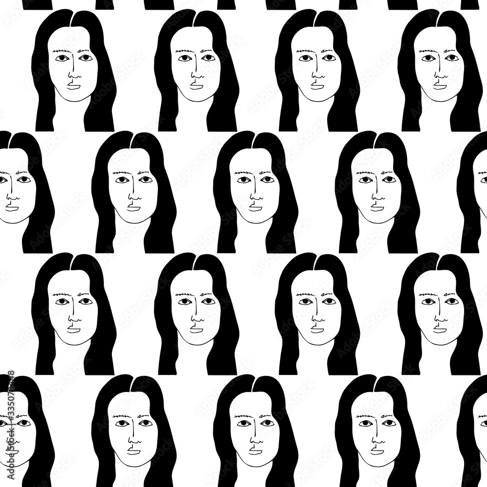 Seamless pattern with woman portrait. Black and white minimalist graphic silhouette.  Art of women face and hairstyle