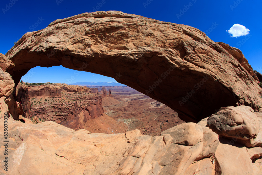 Utah / USA - August 11, 2015: Rock arc at Island In The Sky Canyolands National Park, Utah, USA