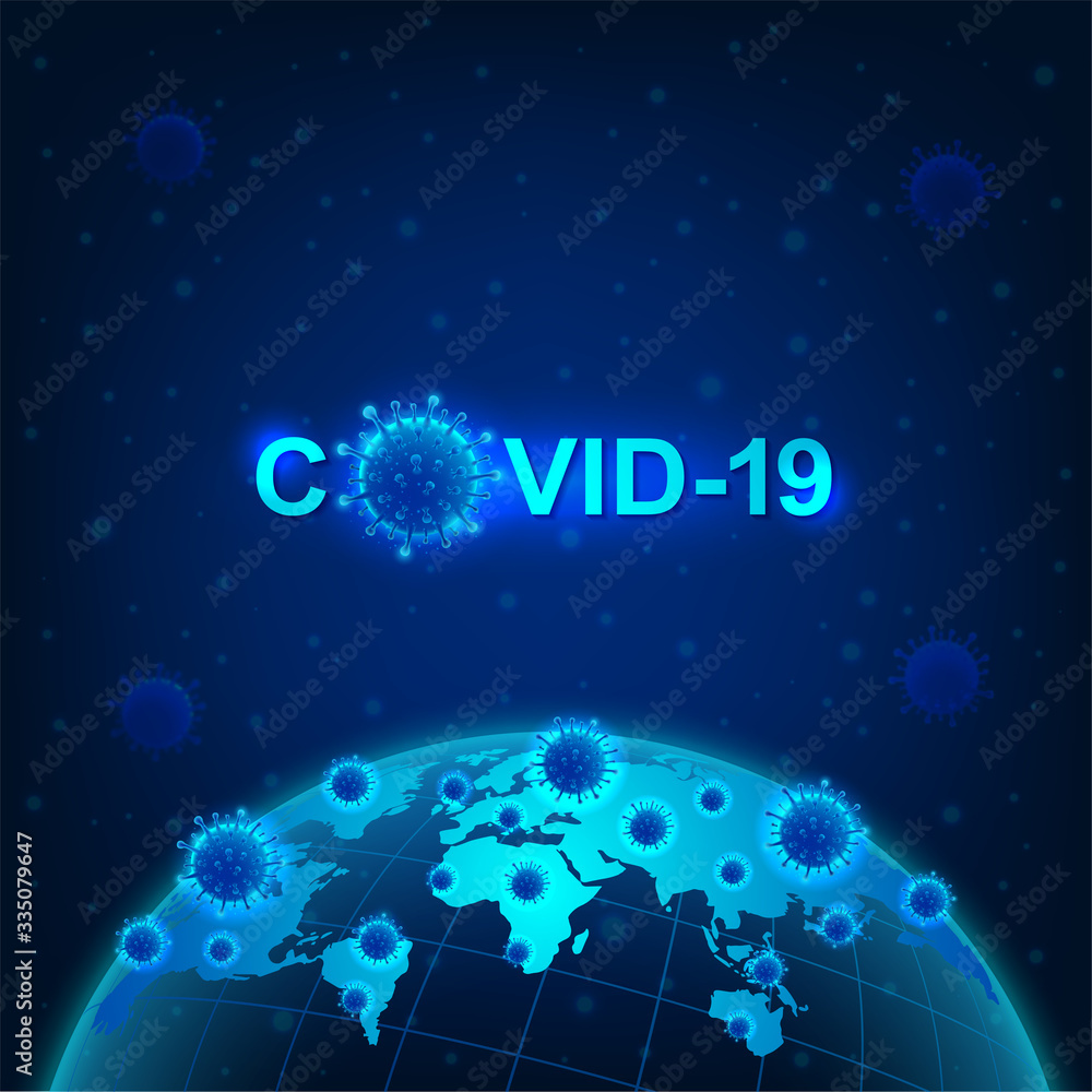 World and Coronavirus covid-19 outbreak for social distancing awareness and protecting alert against dangerous disease risk spread. Medical health concept with virus microscopic view. Vector 3D