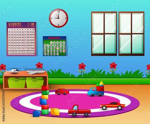 Empty kindergarten room with furniture and toys for young children