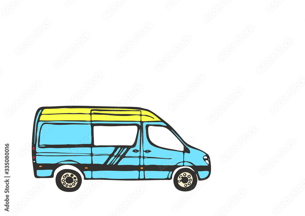Blue yellow van isolated on white background. Illustration.