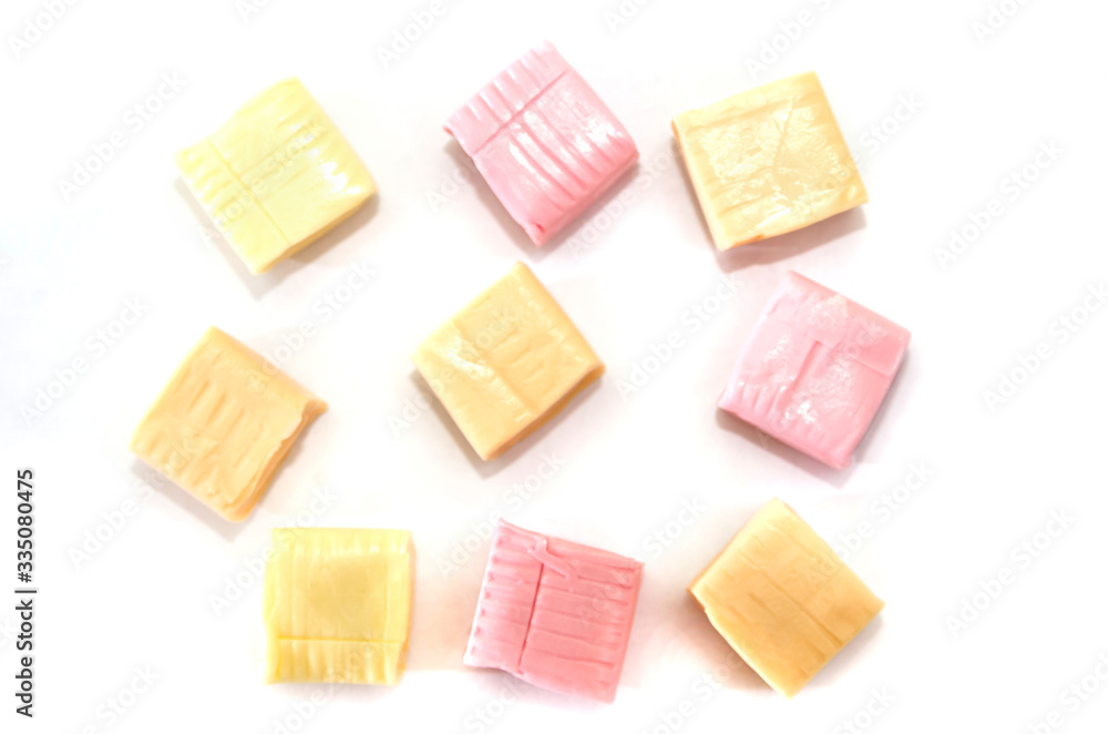 colored chewing sweets on a white background.