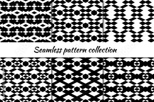 Rhombuses, diamonds, lozenges, hexagons seamless patterns collection. Folk prints. Ethnic ornaments set