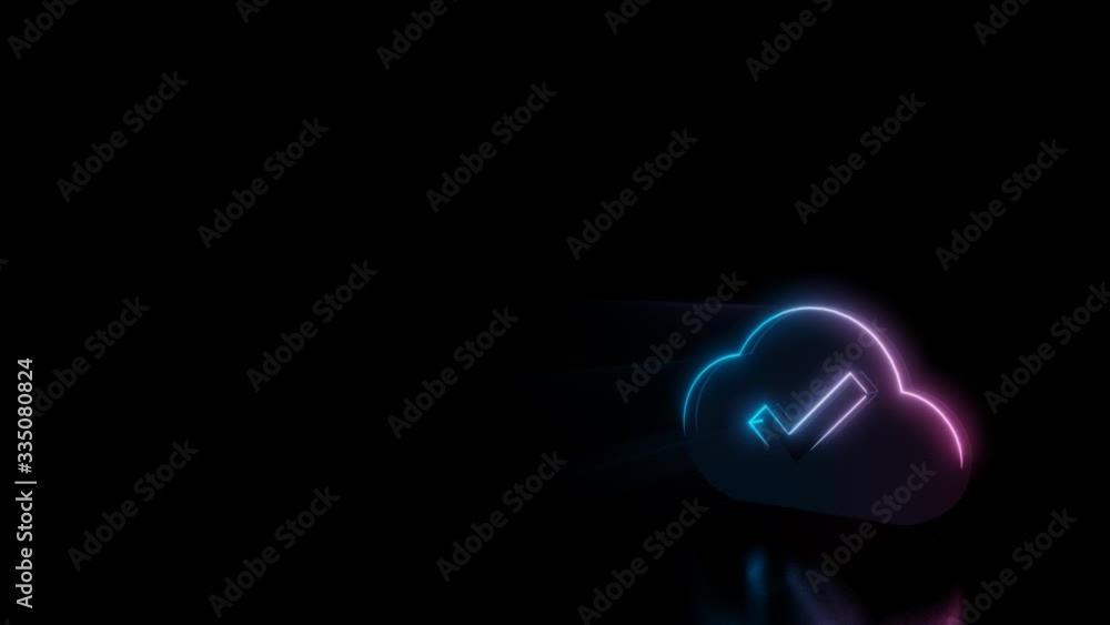Abstract 3d rendering glowing blue purple neon symbol of check mark in cloud with glowing outlines with rays on black background with reflection Abstract 3d rendering glowing blue purple neon symbol of check mark in cloud with glowing outlines with rays on black background with reflection