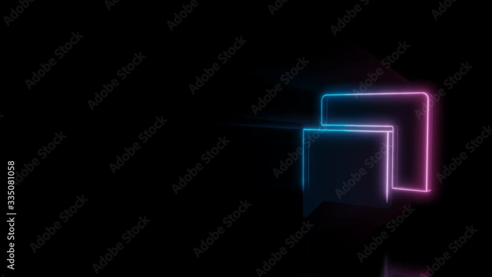 Abstract 3d rendering glowing blue purple neon symbol of two rectangular chat bubbles with glowing outlines with rays on black background with reflection Abstract 3d rendering glowing blue purple neon symbol of two rectangular chat bubbles with glowing outlines with rays on black background with reflection