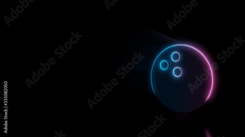 Abstract 3d rendering glowing blue purple neon symbol of bowling ball with glowing outlines with rays on black background with reflection