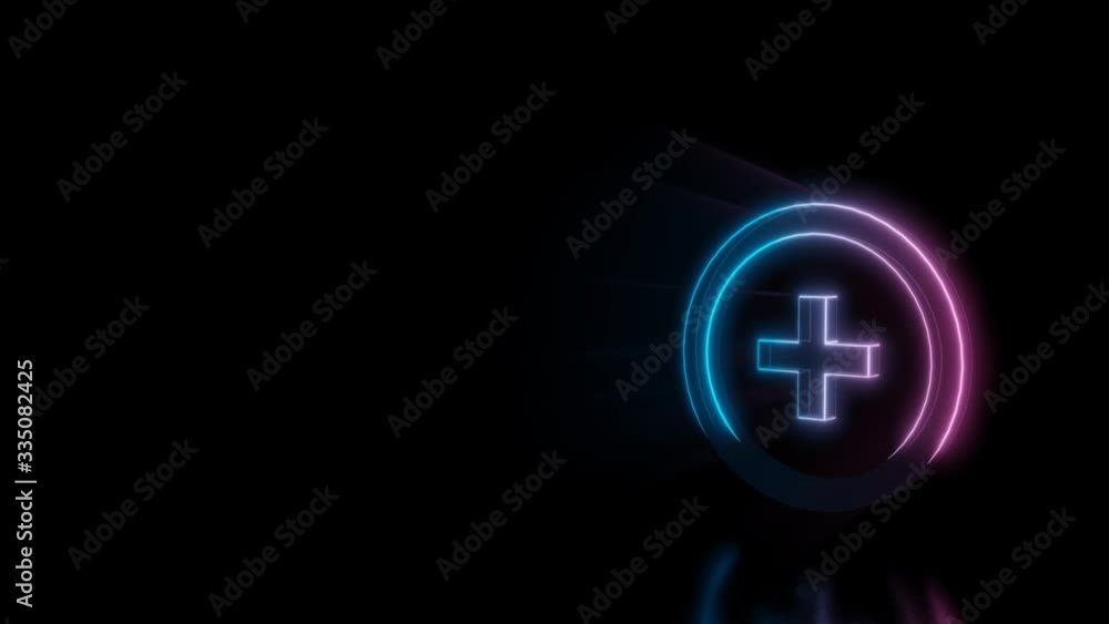 Abstract 3d rendering glowing blue purple neon symbol of circle with plus add with glowing outlines with rays on black background with reflection Abstract 3d rendering glowing blue purple neon symbol of circle with plus add with glowing outlines with rays on black background with reflection
