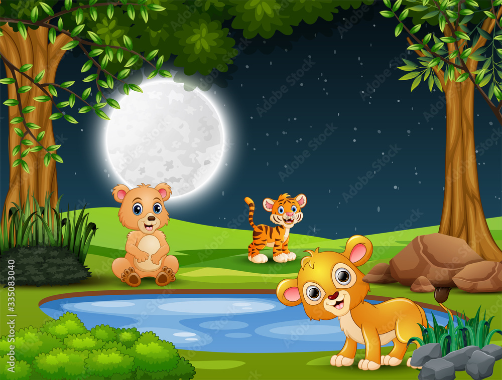 Obraz premium Baby animals playing by the small pond at night