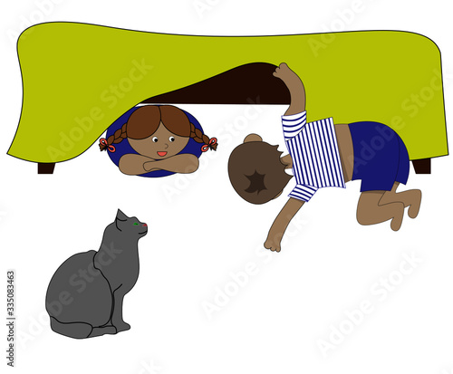 Children are playing hide and seek. Boy is seeking and a girl is hiding under the bed. Their cat is watching. 