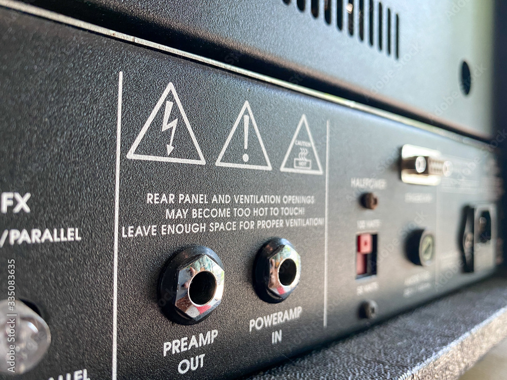 Close up Output Amplifier Back Panel. B&W style. Close up Output Amplifier Back Panel. B&W style.