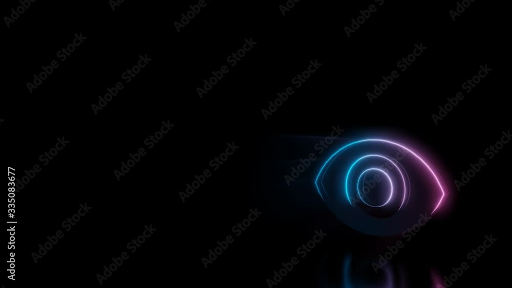 Abstract 3d rendering glowing blue purple neon symbol of open eye with glowing outlines with rays on black background with reflection Abstract 3d rendering glowing blue purple neon symbol of open eye with glowing outlines with rays on black background with reflection