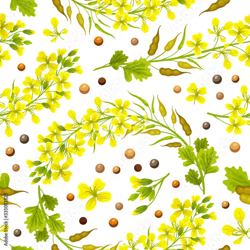 Seamless background of flower, seeds and leaves mustard. Vector illustration.